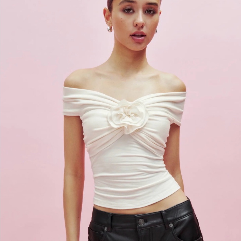 Reformation Cream Off-Shoulder Crop Top